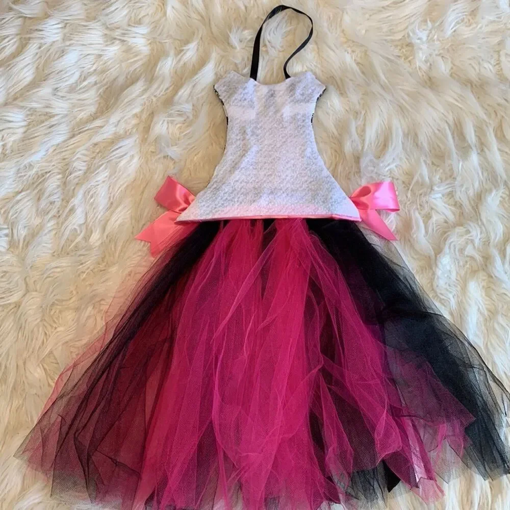 Girls Damask Dress Bow Holder with Tulle Tutu Red and Pink